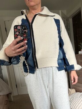 Women's Cream & Denim Zip-Front Knit Jacket size medium